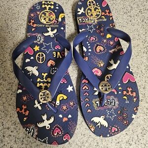 Tory Burch Navy Logo Flip Flops with Colorful Heart & Dove Print